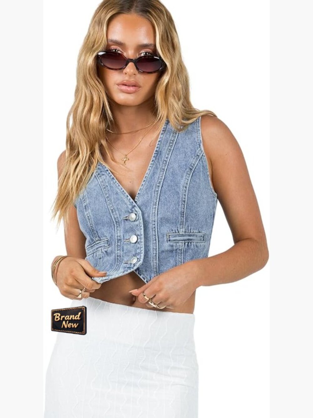 Womens V-Neck Button Front Denim Vest Sleeveless Lightweight Cotton